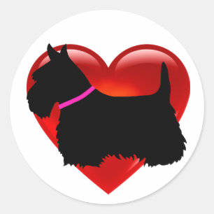 Scottish Terrier black/white heart, pink collar Classic Round Sticker