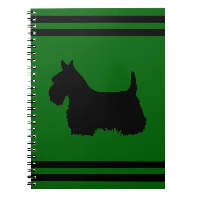 Scottish Terrier black/white silhouette green/name Notebook (Front)