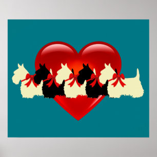 Scottish Terrier black/white silhouette heart/bow Poster