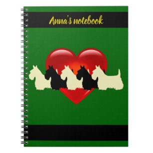 Scottish Terrier black/white silhouette heart/name Notebook