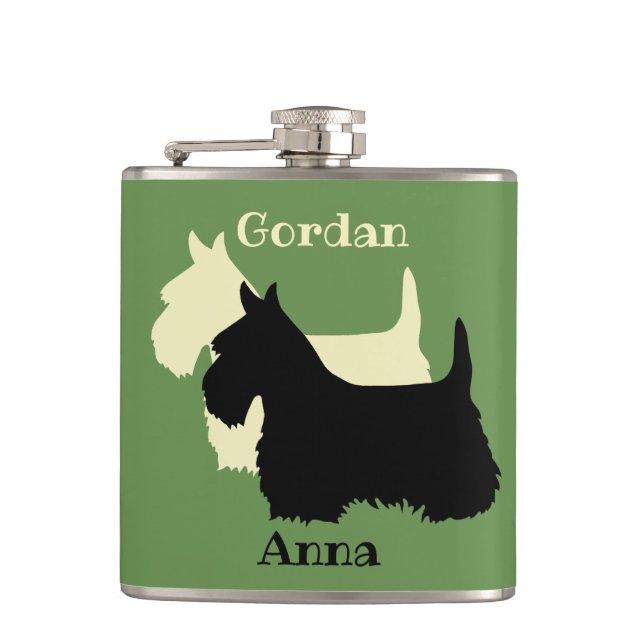 Scottish Terrier black/white silhouette/names Hip Flask (Front)