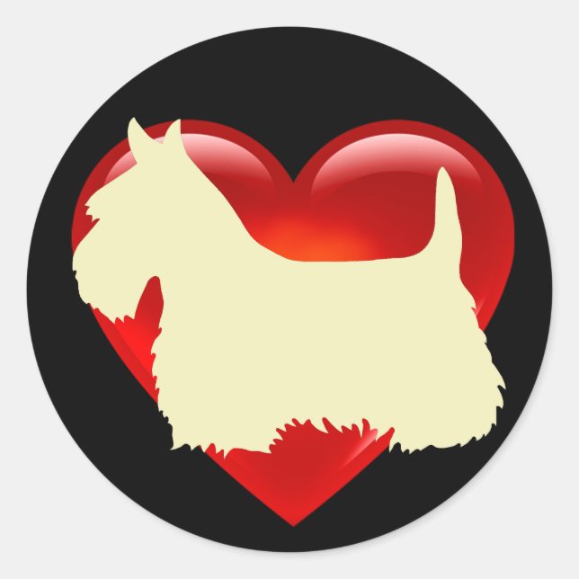 Scottish Terrier black/white silhouette red heart Classic Round Sticker (Front)