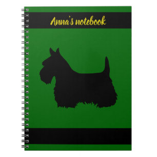Scottish Terrier black/white silhouettegreen/name Spiral Notebook