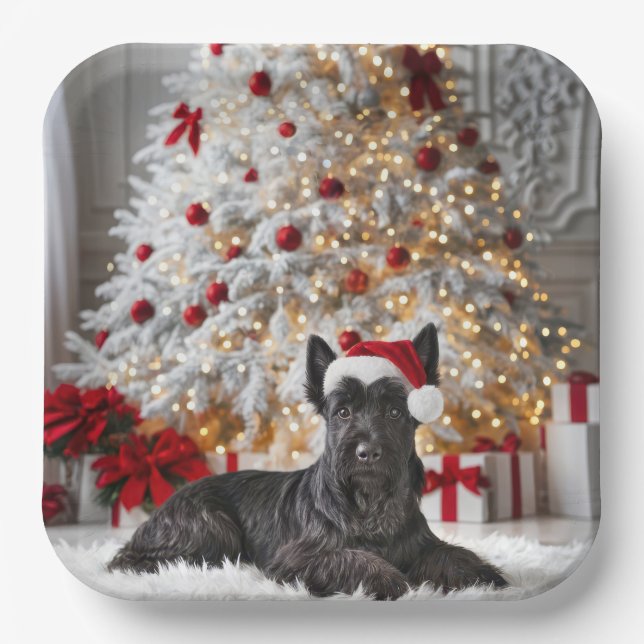 Scottish Terrier By Christmas Tree Paper Plate (Front)
