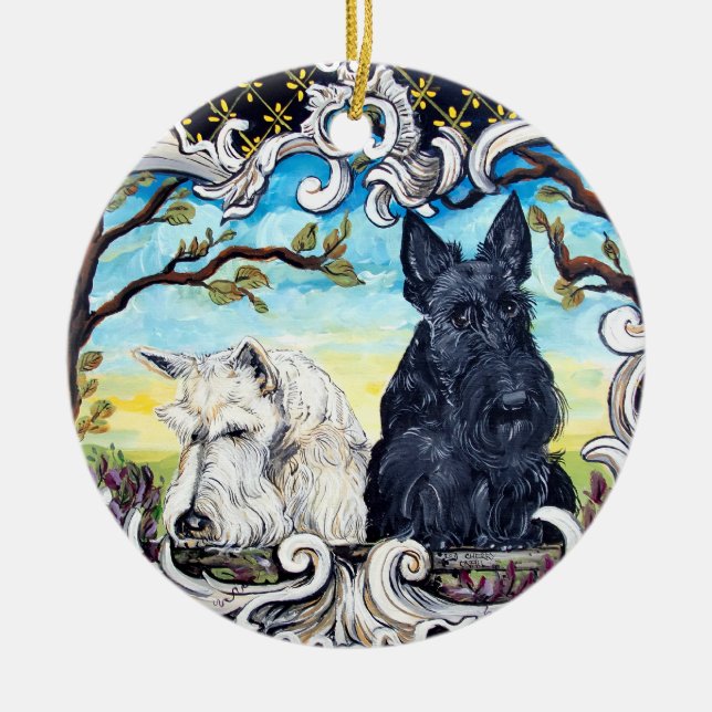 Scottish Terrier Cartouche Ceramic Tree Decoration (Front)