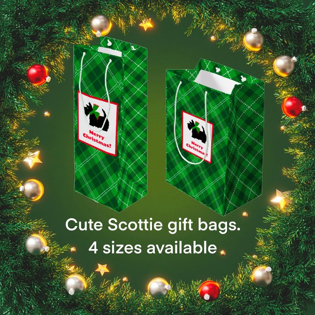 Scottish Terrier Christmas Green Plaid  Medium Gift Bag (Retro Scottish Terrier tartan plaid gift bags.)