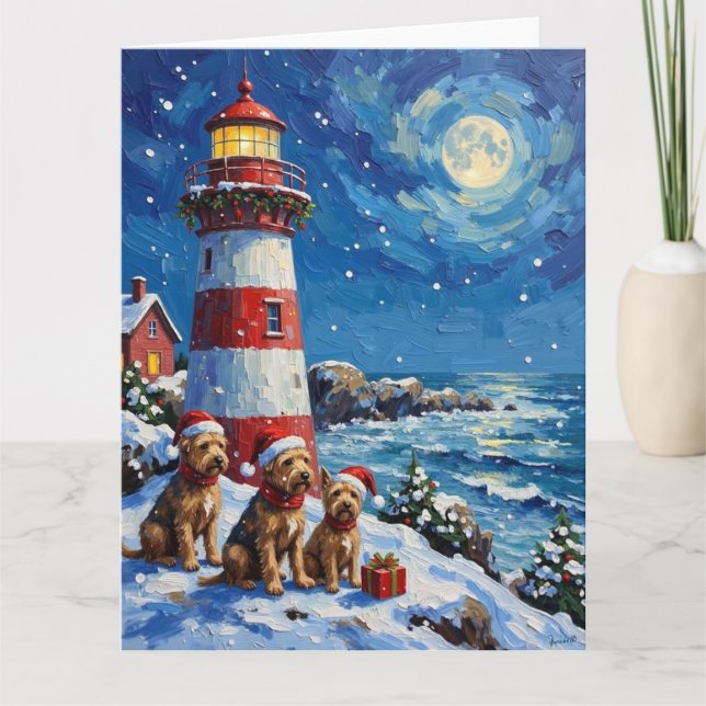 Scottish Terrier Christmas Lighthouse Holiday Card (Front)
