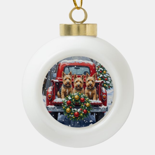 Scottish Terrier Christmas Red Truck Holiday Ceramic Ball Christmas Ornament (Front)