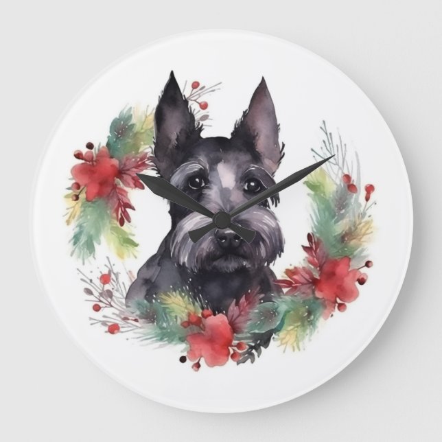 Scottish Terrier Christmas Wreath Festive Pup  Large Clock (Front)