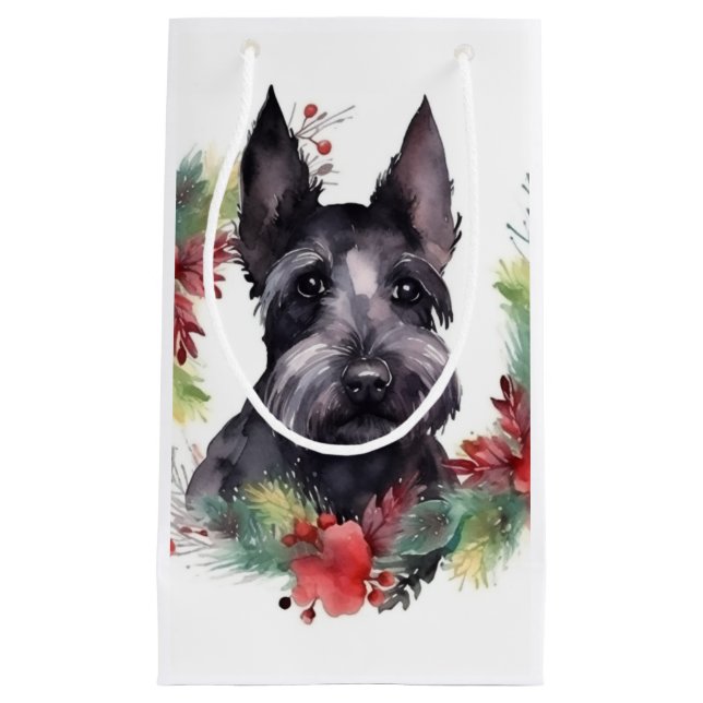 Scottish Terrier Christmas Wreath Festive Pup  Small Gift Bag (Front)