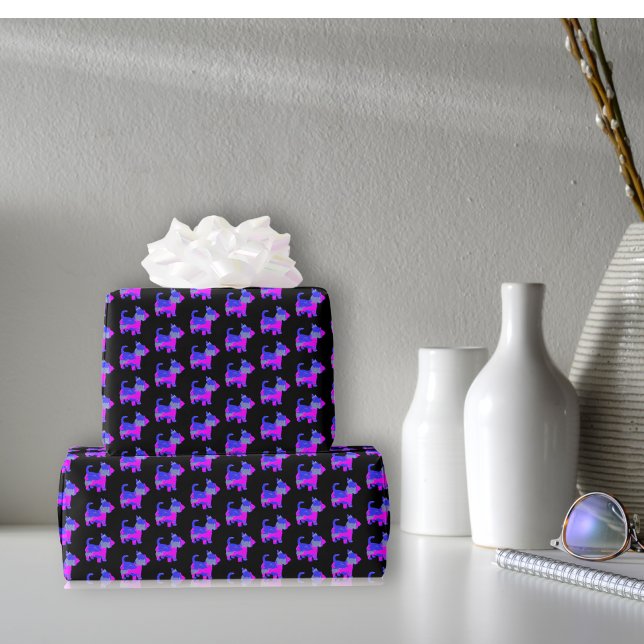Scottish Terrier Cute Dog Pink and Blue on Black Wrapping Paper (Creator Uploaded)