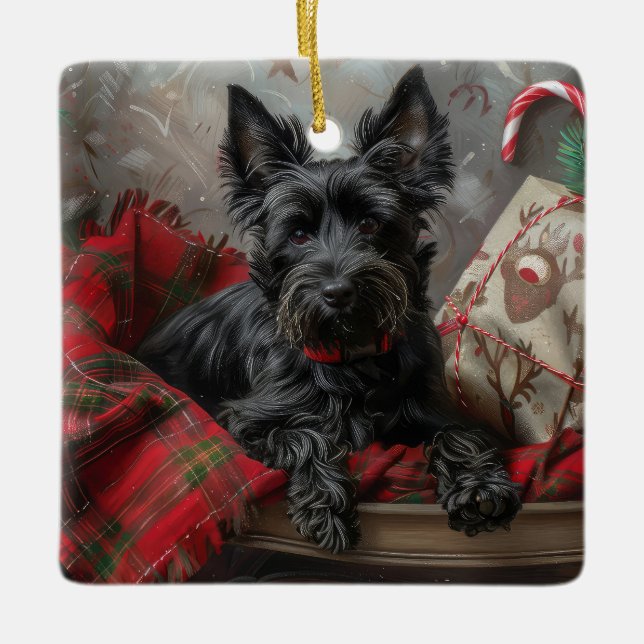 Scottish Terrier Dog Christmas Festive Ceramic Ornament (Front)