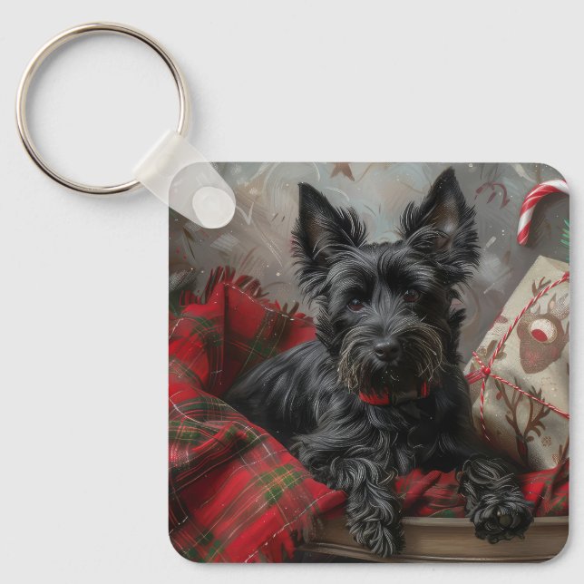 Scottish Terrier Dog Christmas Festive Key Ring (Front)