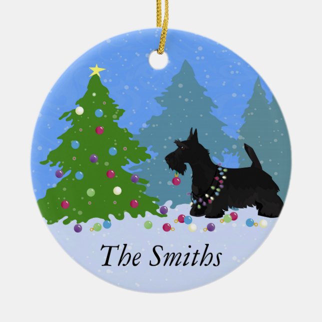Scottish Terrier Dog Decorating Christmas Tree Ceramic Tree Decoration (Front)
