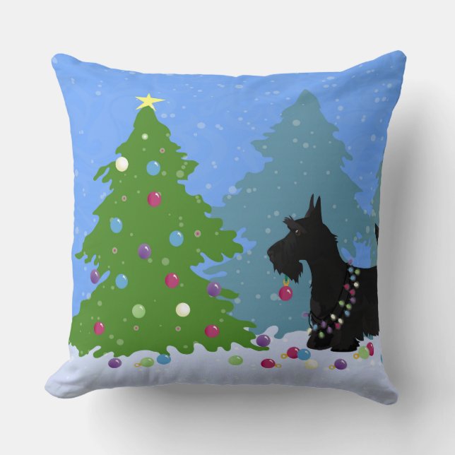 Scottish Terrier Dog Decorating Christmas Tree Cushion (Front)