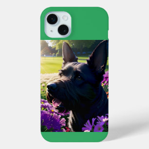 Scottish Terrier Dog Flower and Lawn iPhone 15 Mini Case