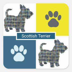 Scottish Terrier Dog & Paw Y&B Grid Square Sticker