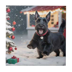 Scottish Terrier Dog Playing Christmas Snow Tile