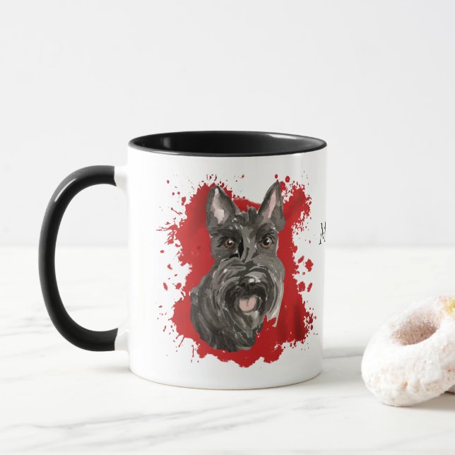 Scottish Terrier Dog Red Abstract Mug (With Donut)