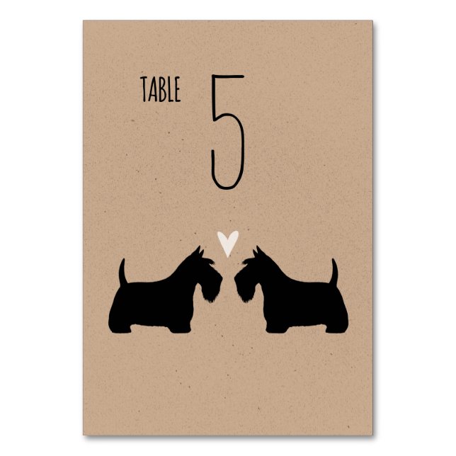 Scottish Terrier Dog Silhouettes Wedding Reception Table Number (Front)