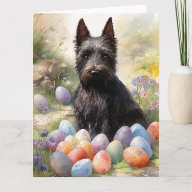 Scottish Terrier Dog with Easter Eggs Holiday Card (Front)