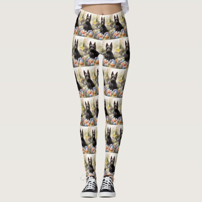 Scottish Terrier Dog with Easter Eggs Holiday Leggings (Front)
