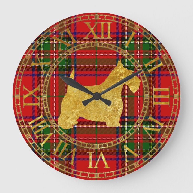 Scottish Terrier Gold and Plaid Large Clock (Front)