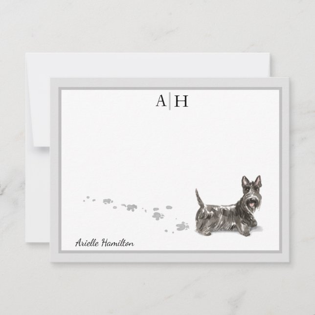 Scottish Terrier Grey Border Monogram Personalise Card (Front)