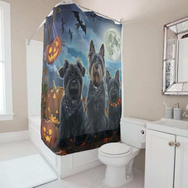 Scottish Terrier Halloween Spooky Shower Curtain (In Situ)