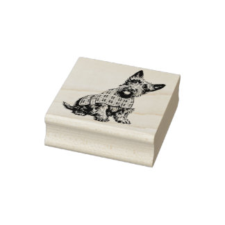 Scottish Terrier in a plaid coat - rubber stamp