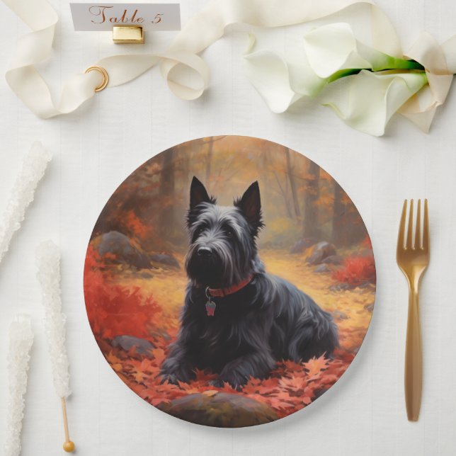 Scottish Terrier in Autumn Leaves Fall Inspire  Paper Plate (Wedding)
