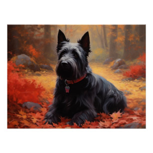 Scottish Terrier in Autumn Leaves Fall Inspire Poster