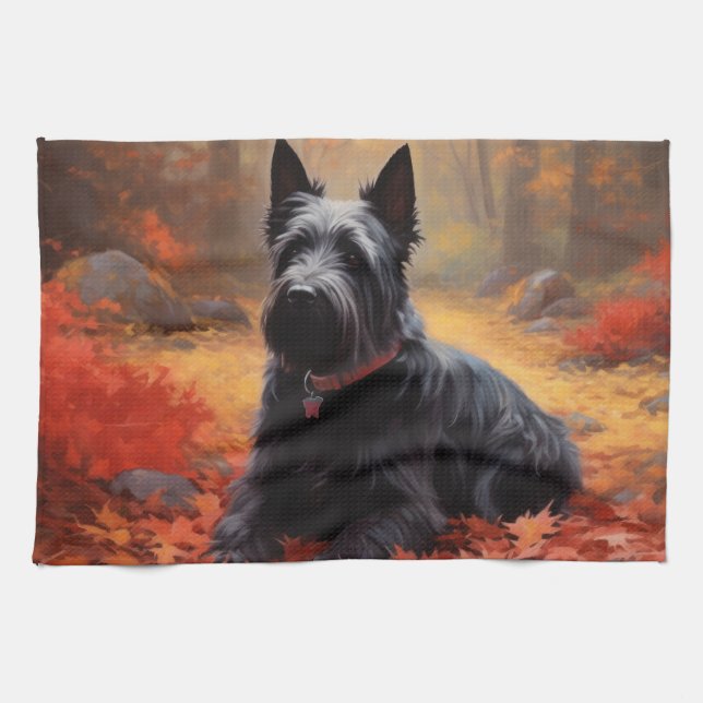 Scottish Terrier in Autumn Leaves Fall Inspire  Tea Towel (Horizontal)