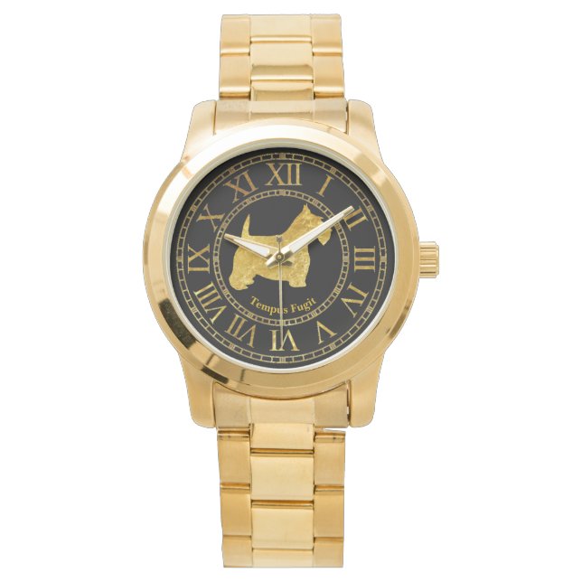 Scottish Terrier in Gold and Black Personalise Watch (Front)