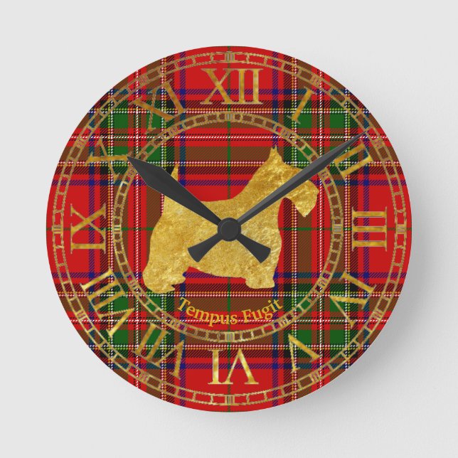Scottish Terrier in Gold and Plaid Round Clock (Front)
