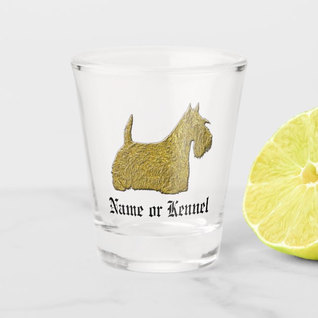Scottish Terrier in Gold Your Text Shot Glass (Front)