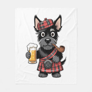 Scottish Terrier in Tartan Kilt with Beer and Pipe Fleece Blanket
