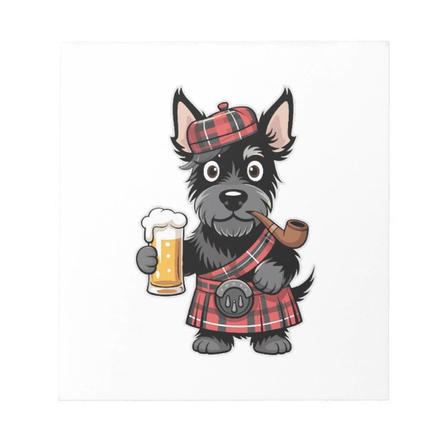 Scottish Terrier in Tartan Kilt with Beer and Pipe Notepad (Front)