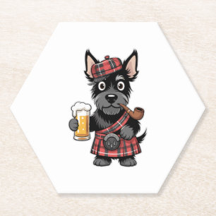 Scottish Terrier in Tartan Kilt with Beer and Pipe Paper Coaster