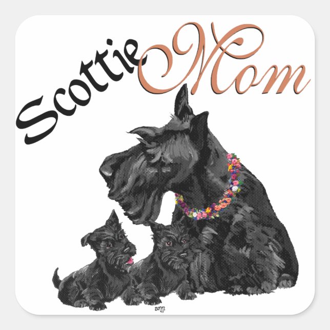 Scottish Terrier Mum & Pups Square Sticker (Front)