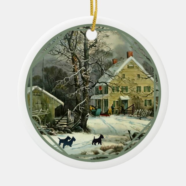 Scottish Terrier Old Fashioned Winter Ceramic Tree Decoration (Front)