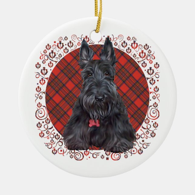 Scottish Terrier on Tartan Ceramic Tree Decoration (Front)