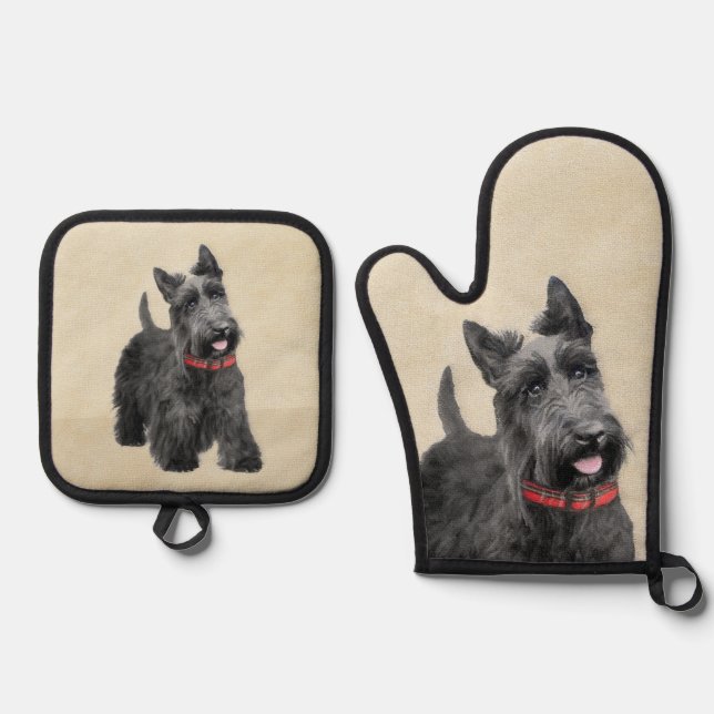 Scottish Terrier Painting Black Original Dog Art Oven Mitt & Pot Holder Set (Front)