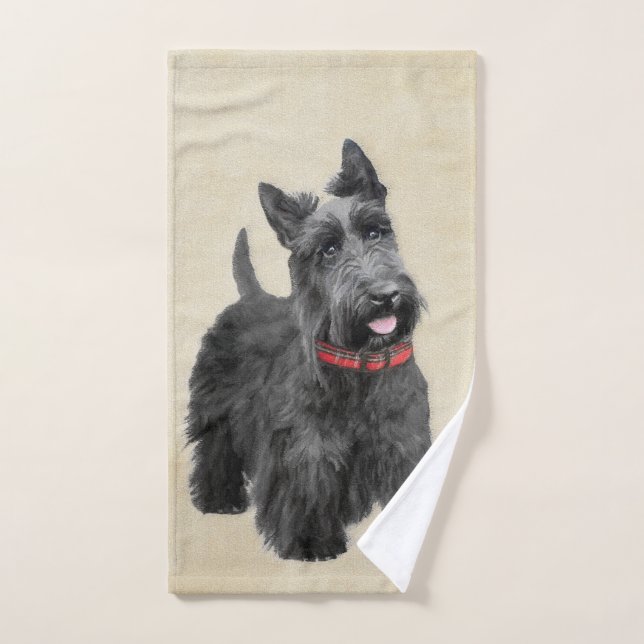 Scottish Terrier Painting - Cute Original Dog Art Bath Towel Set (Hand Towel)
