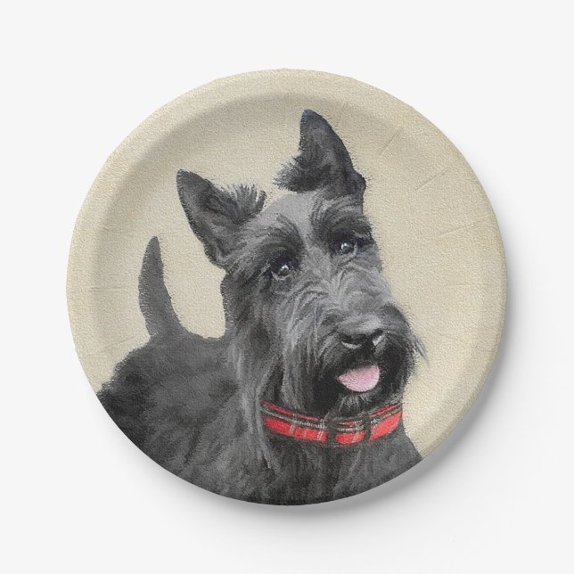 Scottish Terrier Painting - Cute Original Dog Art Paper Plate (Front)