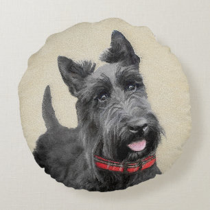 Scottish Terrier Painting - Cute Original Dog Art Round Cushion