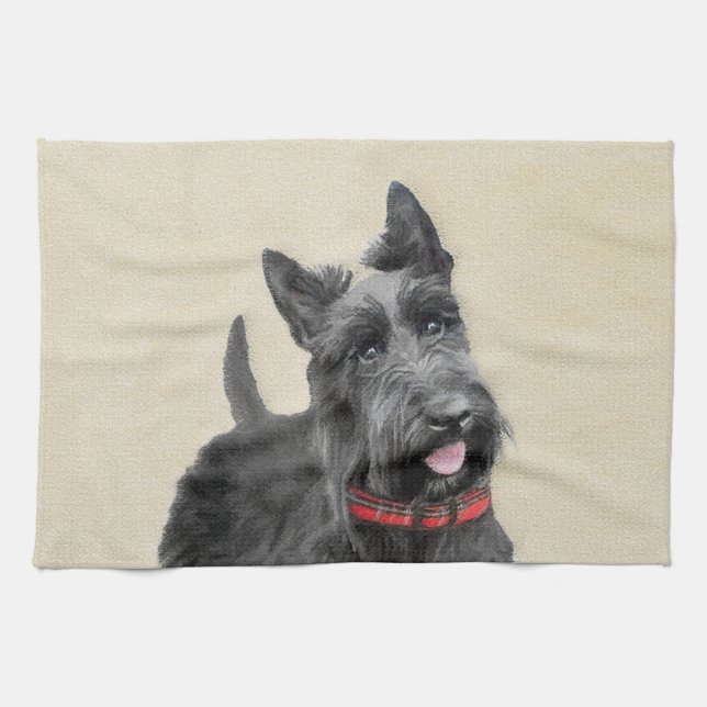Scottish Terrier Painting - Cute Original Dog Art Tea Towel (Horizontal)