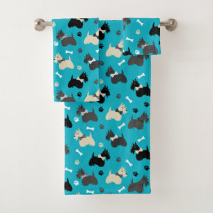 Scottish Terrier Paws and Bones Blue Bath Towel Set