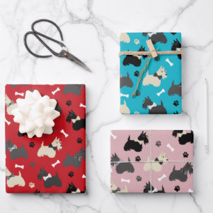 Scottish Terrier Paws and Bones Red Blue Pink Wrapping Paper Sheet