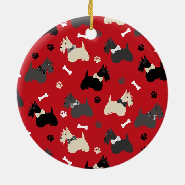 Scottish Terrier Paws and Bones Red Ceramic Tree Decoration (Back)